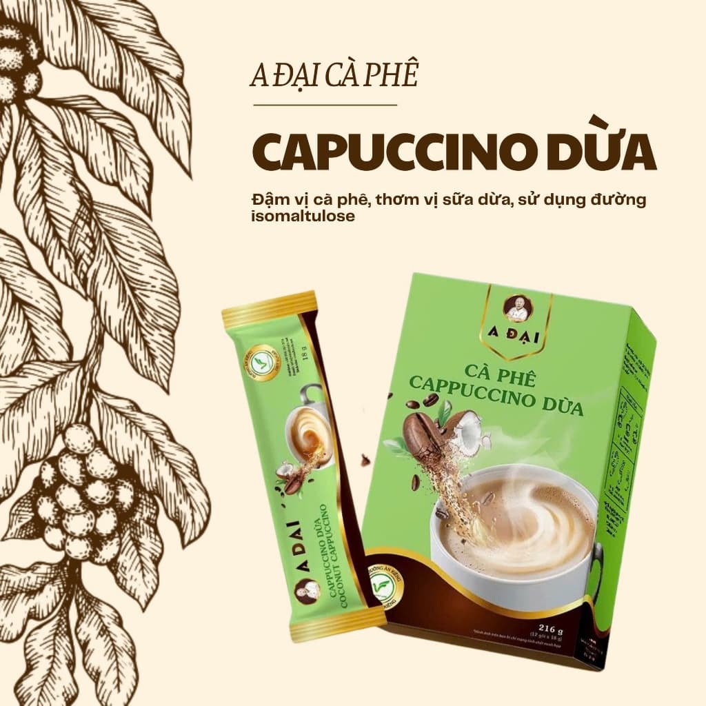 Cà Phê Hòa Tan Cappuccino Coconut A Đại - Cà Phê Thuần Việt, Đậm Hương Vị Nhiệt Đới
