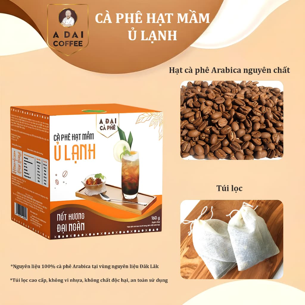 Cà Phê Hạt Mầm Ủ Lạnh A Đại - Hộp Túi Lọc 8 gói (160g) - Tặng 1 Gói Bánh Biscoff (37.5g)