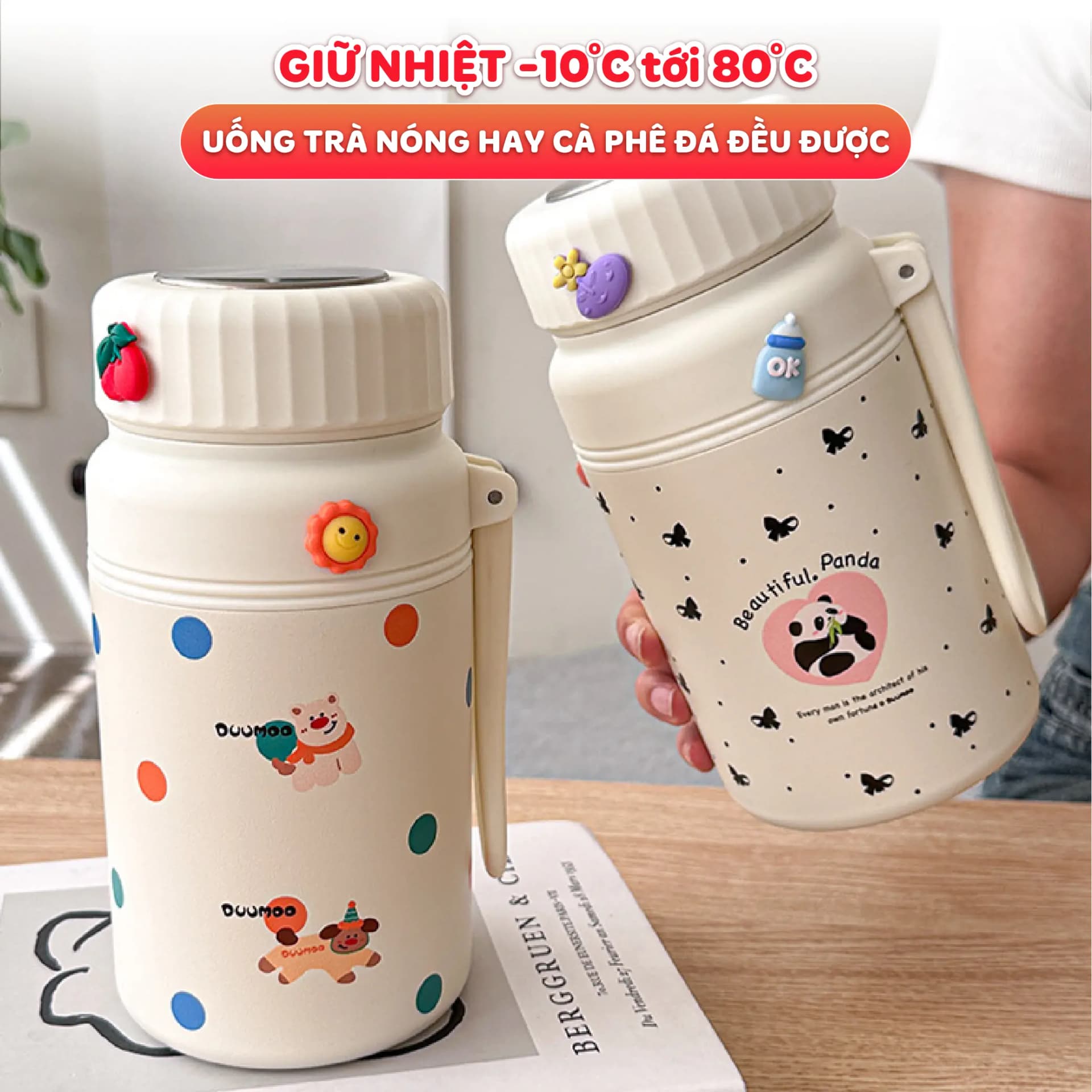 Bình giữ nhiệt Fashion Cup NIUMI hoạ tiết dễ thương 1000ml, inox 316 có lưới lọc trà tiện lợi