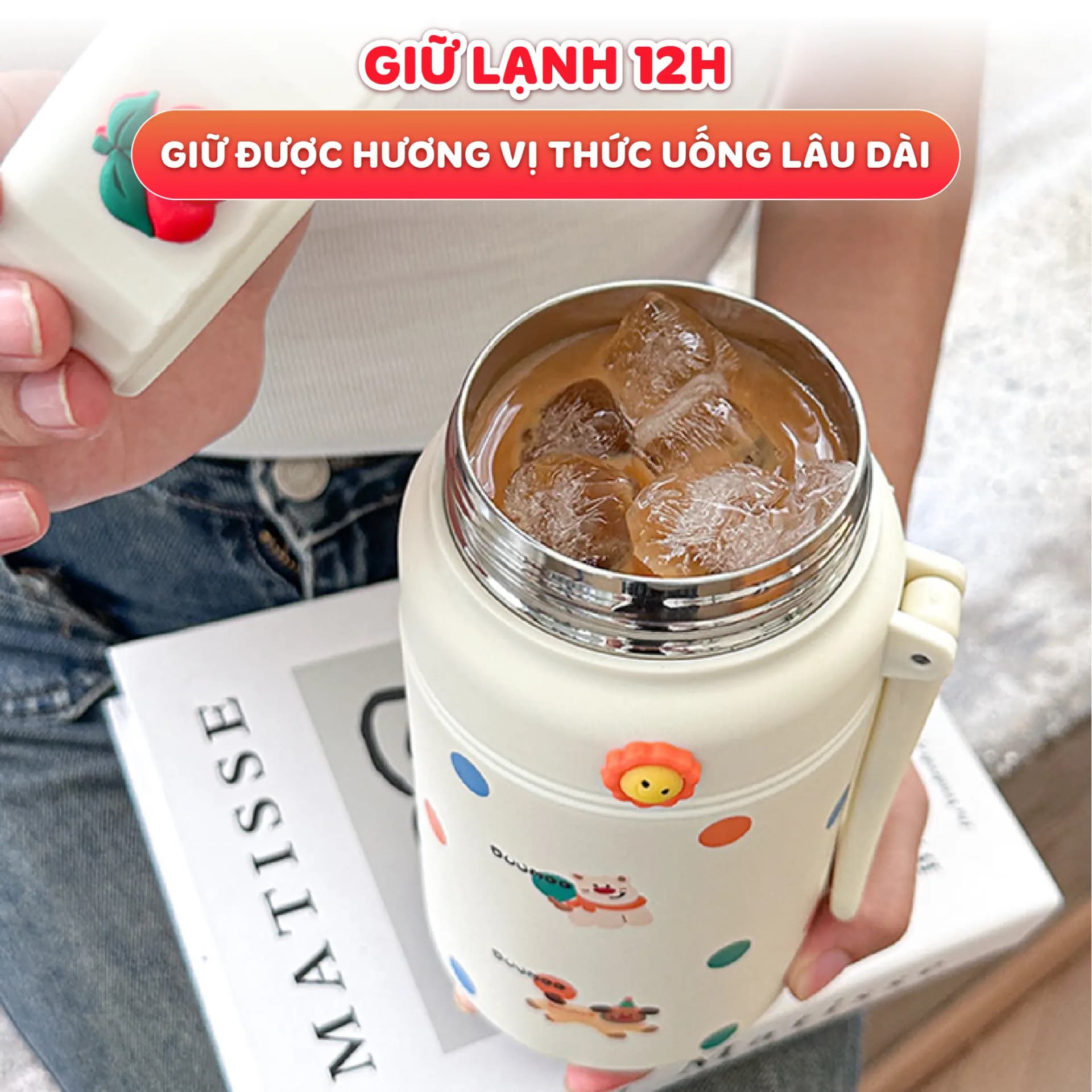 Bình giữ nhiệt Fashion Cup NIUMI hoạ tiết dễ thương 1000ml, inox 316 có lưới lọc trà tiện lợi