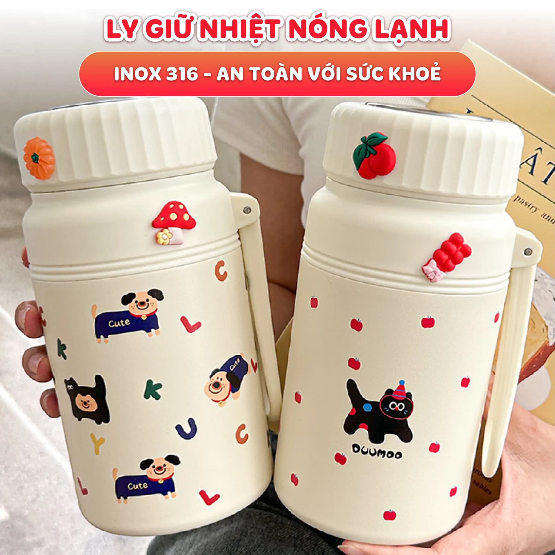 Bình giữ nhiệt Fashion Cup NIUMI hoạ tiết dễ thương 1000ml, inox 316 có lưới lọc trà tiện lợi