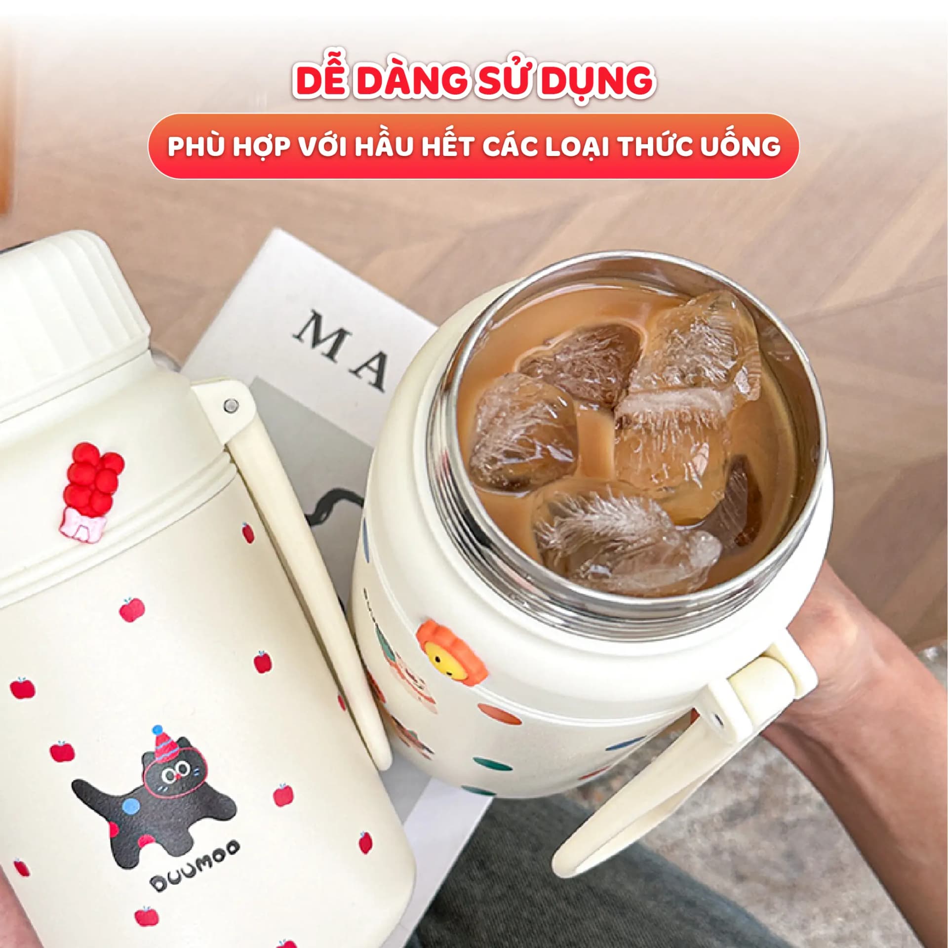 Bình giữ nhiệt Fashion Cup NIUMI hoạ tiết dễ thương 1000ml, inox 316 có lưới lọc trà tiện lợi