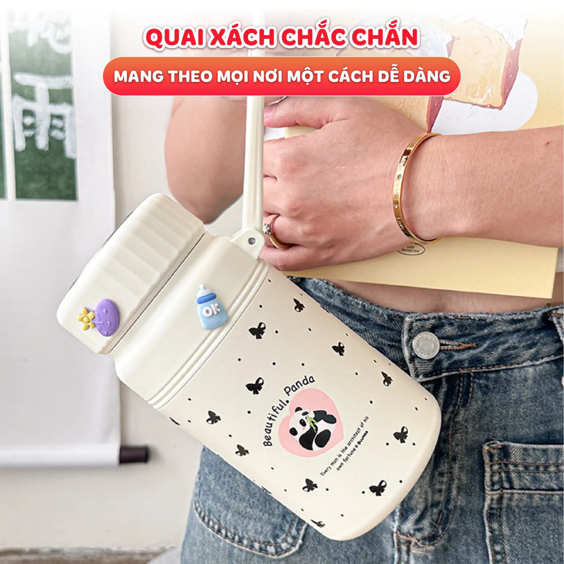 Bình giữ nhiệt Fashion Cup NIUMI hoạ tiết dễ thương 1000ml, inox 316 có lưới lọc trà tiện lợi