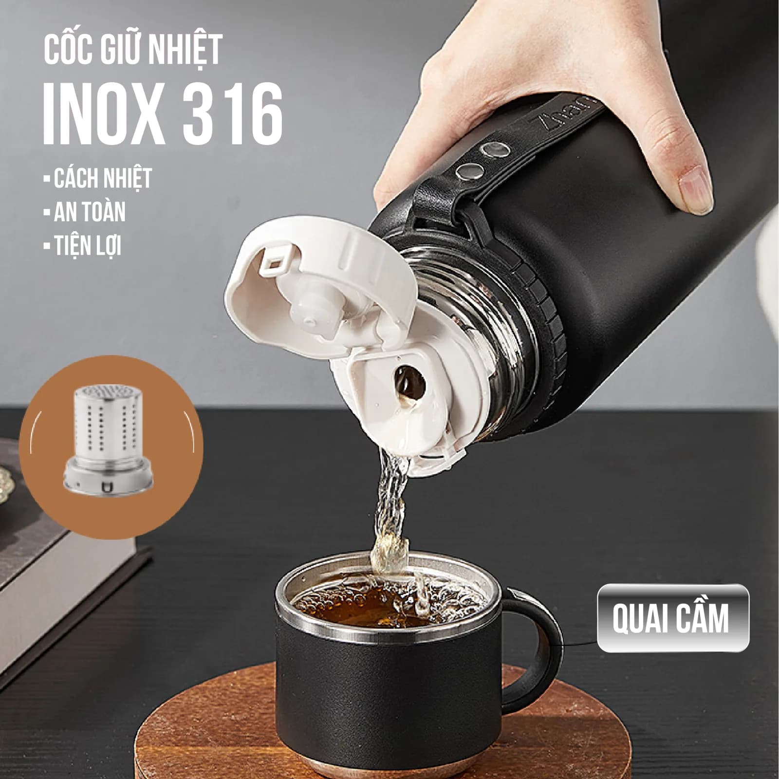Bình giữ nhiệt NIUMI 48h 316 hiển thị nhiệt độ và nắp có tay cầm, nhiều dung tích