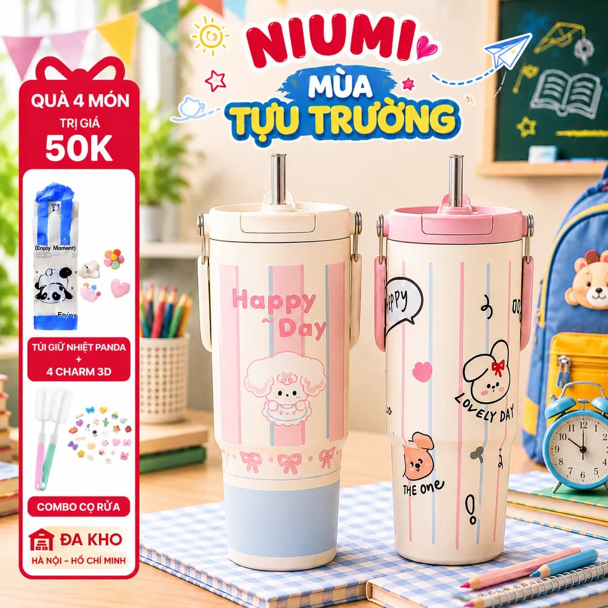 Ly giữ nhiệt Mochi NIUMI dung tích 900ml inox 316 dễ thương, màu sắc tươi sáng