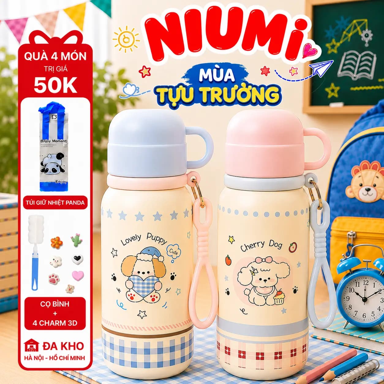 Bình nước KAKU NIUMI 450ml xinh xắn 3 cách uống, giữ nhiệt tốt, nhỏ gọn mang đi mọi nơi
