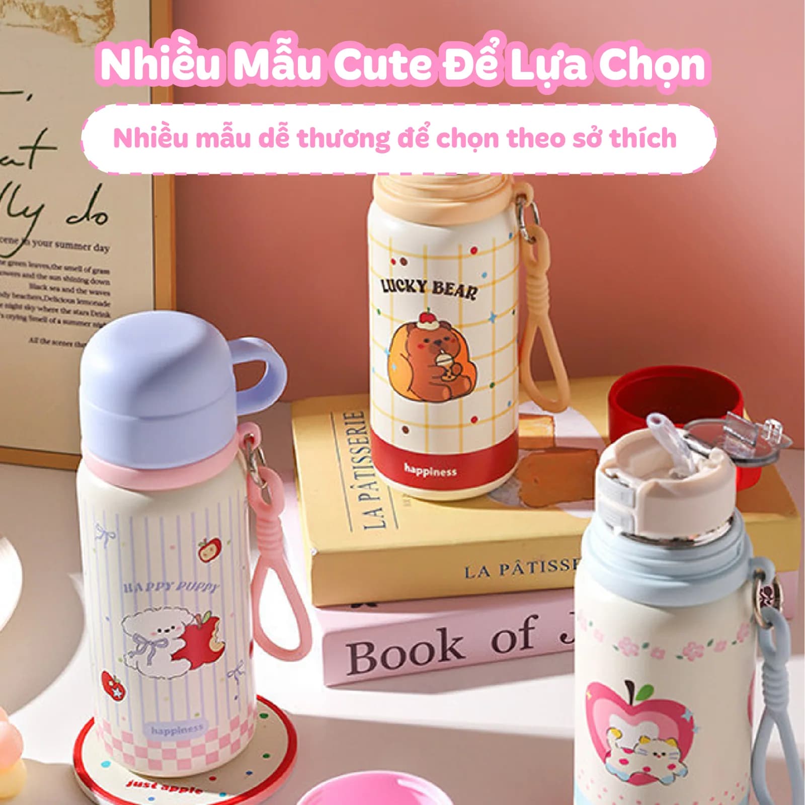 Bình nước KAKU NIUMI 450ml xinh xắn 3 cách uống, giữ nhiệt tốt, nhỏ gọn mang đi mọi nơi