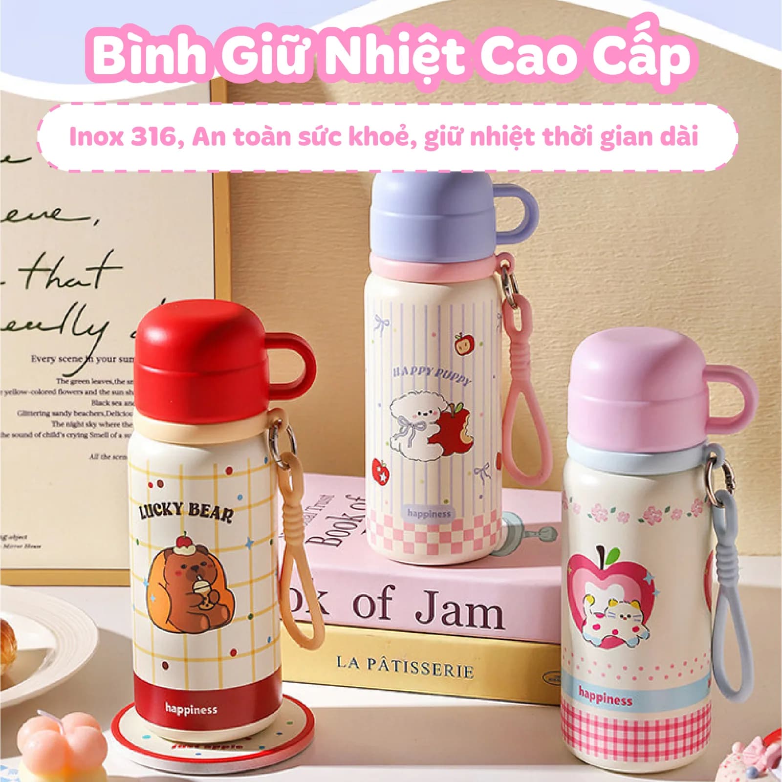 Bình nước KAKU NIUMI 450ml xinh xắn 3 cách uống, giữ nhiệt tốt, nhỏ gọn mang đi mọi nơi