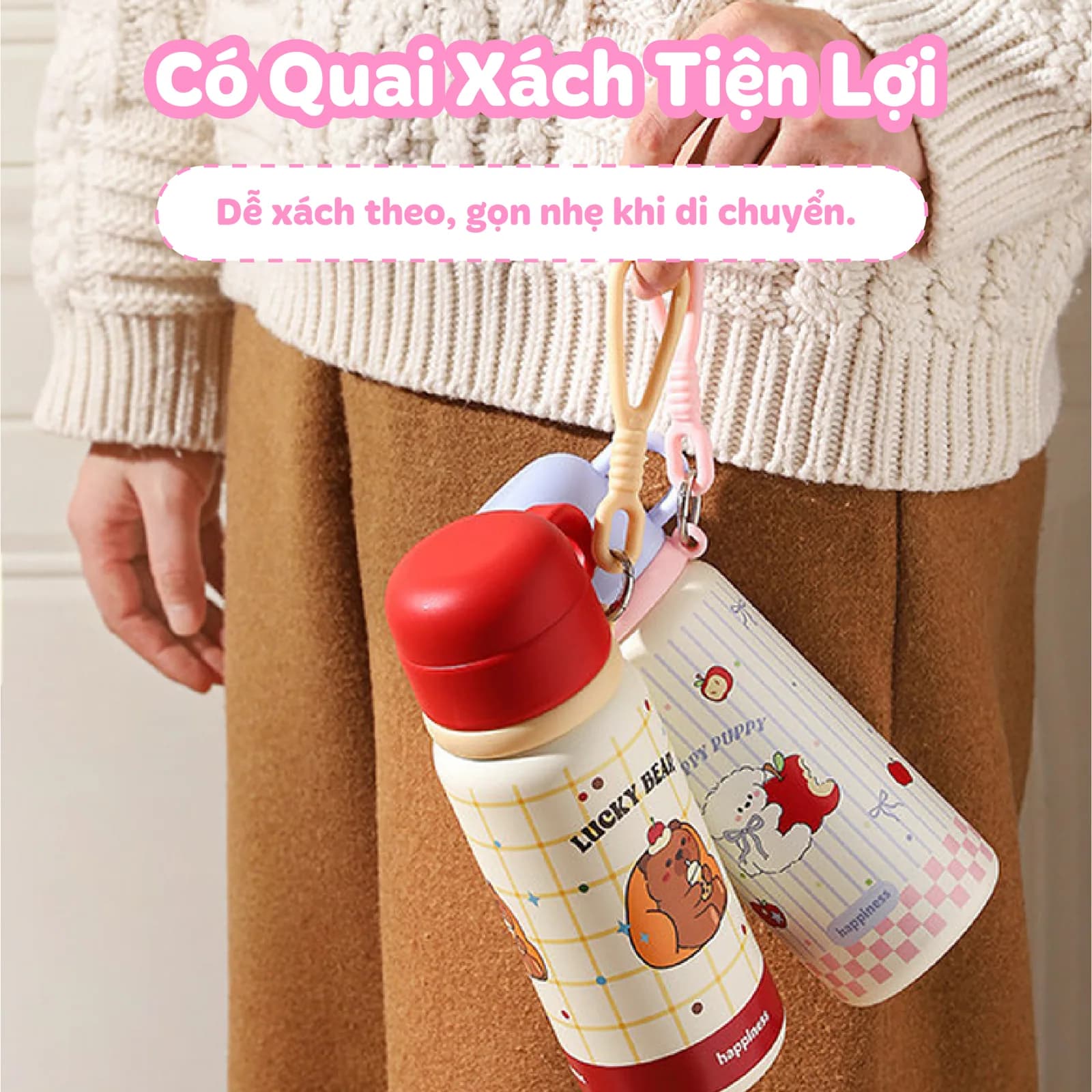 Bình nước KAKU NIUMI 450ml xinh xắn 3 cách uống, giữ nhiệt tốt, nhỏ gọn mang đi mọi nơi