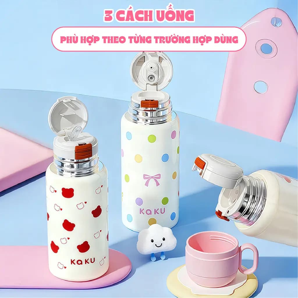 Bình nước KAKU NIUMI 450ml xinh xắn 3 cách uống, giữ nhiệt tốt, nhỏ gọn mang đi mọi nơi