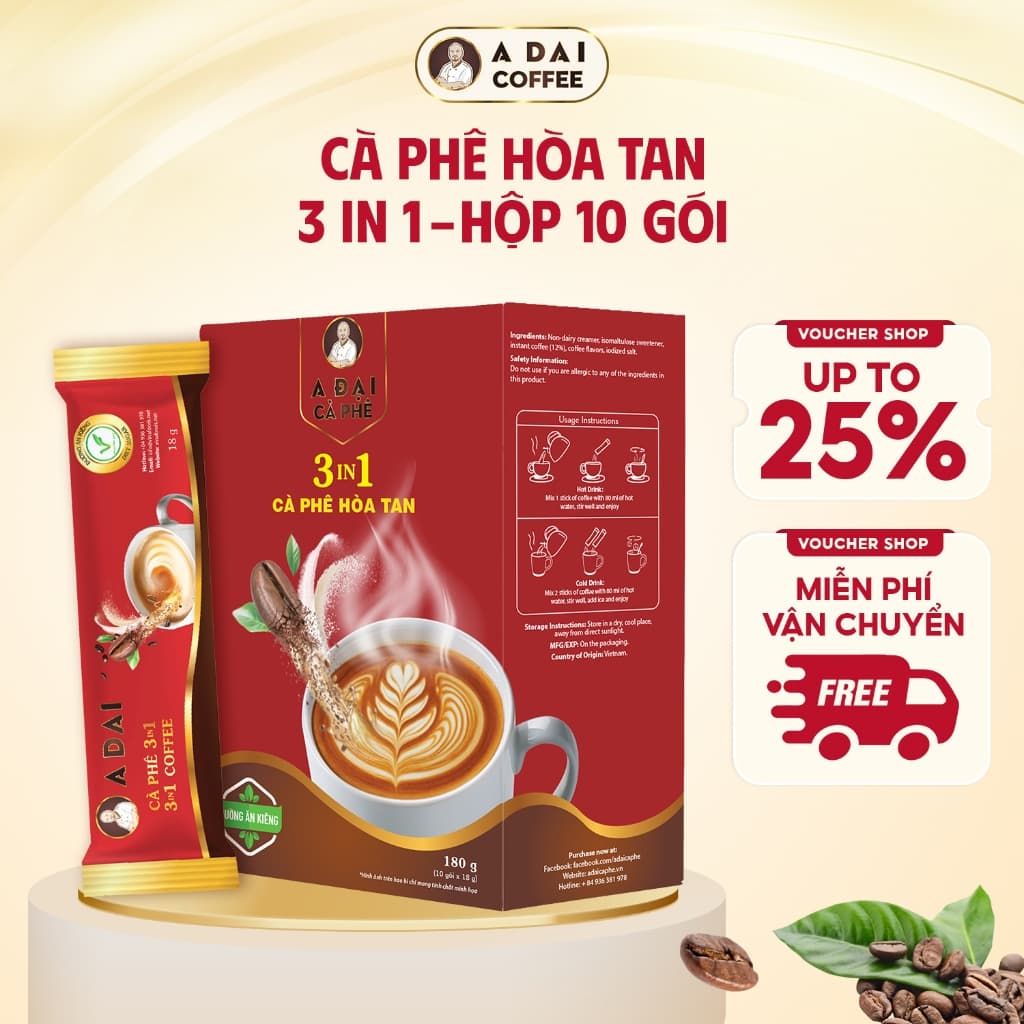 Cà Phê Hòa Tan 3 Trong 1 A Đại Hộp 10 gói (180g) - Cà Phê Chuẩn Hương Vị Thuần Việt, Đậm Đà, Tiện Lợi