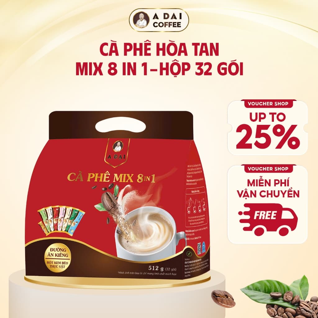 Túi cà phê Mix 8in1 (32 gói ) - Cà Phê Hòa Tan A Đại, Mix 8 Hương Vị Cà Phê Chuẩn Vị, Đậm Đà 32 gói