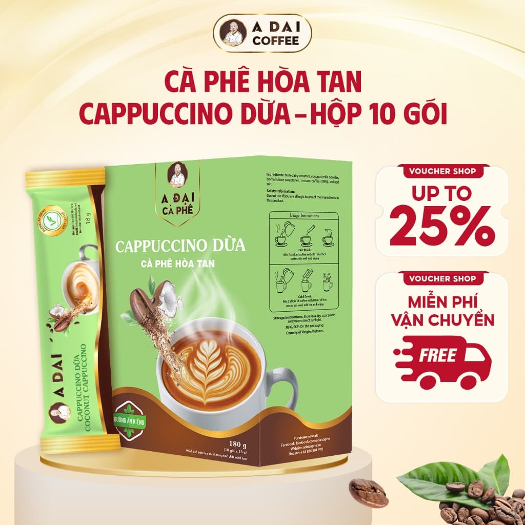 Cà Phê Hòa Tan Cappuccino Coconut A Đại - Cà Phê Thuần Việt, Đậm Hương Vị Nhiệt Đới