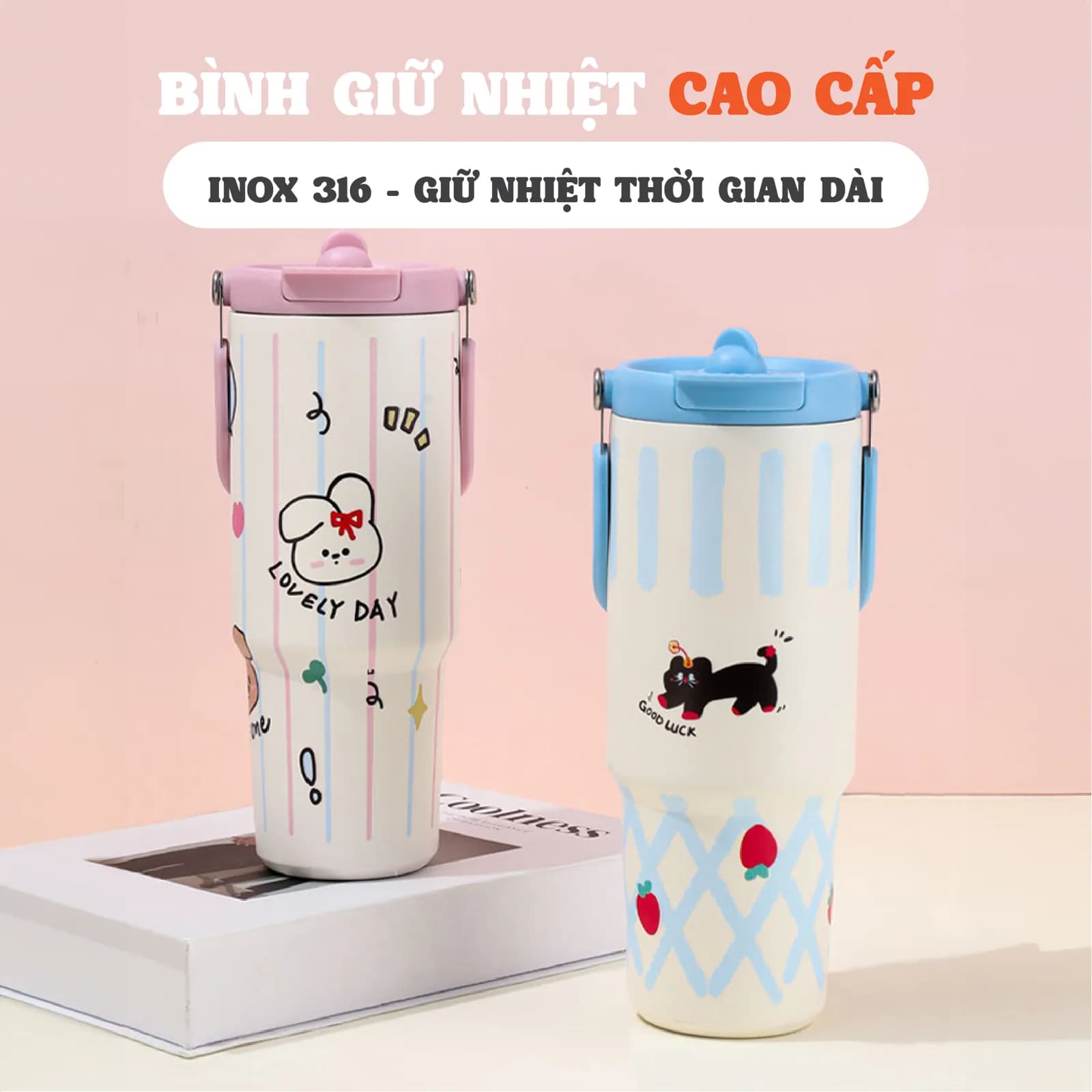 Ly giữ nhiệt Mochi NIUMI dung tích 900ml inox 316 dễ thương, màu sắc tươi sáng